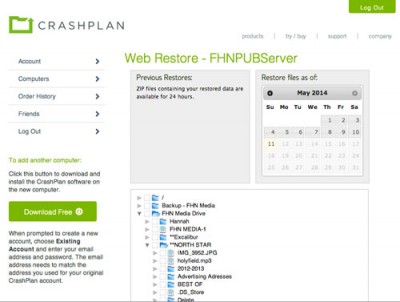 This is a view of Crashplan's desktop restore screen. Any file that has been backed up can be accessed and retrieved once you are logged in to your online account.