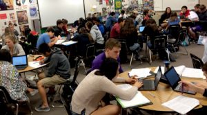 Students in American Studies at Monta Vista High School collaboratively edit a document through Google Drive.