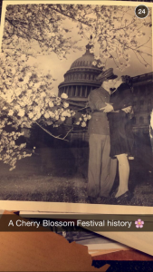 This is a screenshot from one of the Washington Post's Snapchat stories during the Cherry Blossom Festival. They dipped into their archives and showed a series of photos through the decades. This is an idea high schools could easily morph and adopt with yearbook archives.