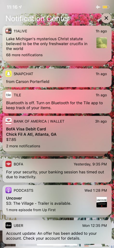 A screenshot of an iPhone screen full of different kinds of push notifications