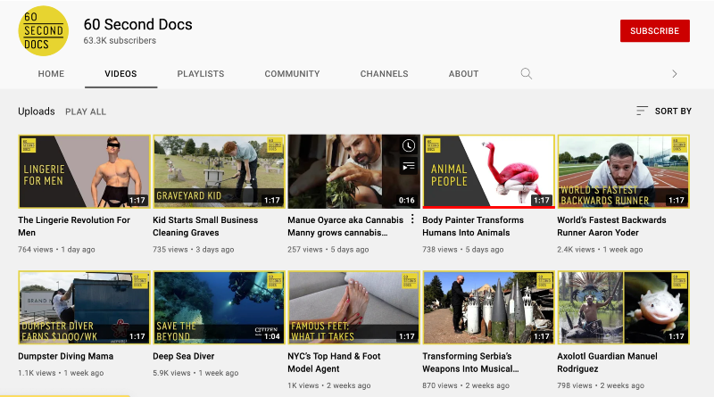 Screenshot of 60 Second Docs Youtube video listings page